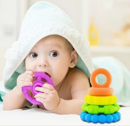 Stacking Baby Teether Toy - Sensory Silicone Teething Rings for Babies – Promote Motor Skills-Premium Food Grade Silicone Rainbow Colors - BPA Free