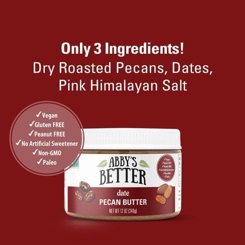 Abby’s Better Date Pecan Nut Butter | Only 3 Ingredients, Non-GMO, Gluten-Free, Peanut-Free, Vegan | 0g Added Sugar | 12oz Jar