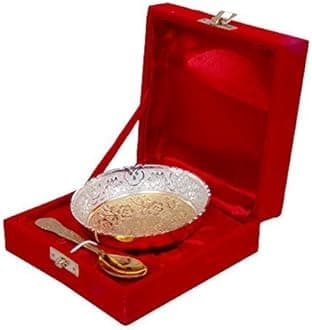 R Ayurveda Copper® Gold and Silver Plated Single Bowl with Spoon Best for Wedding Return Gift. in Velvet Fancy Gift Box. 100 ml