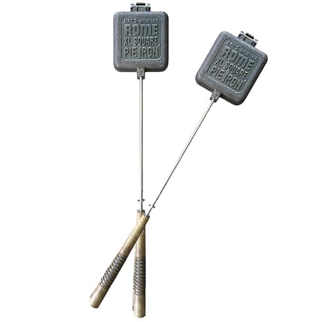 BestNest Rome Cast Iron Extra Large Square Pie Irons, Pack of 2 – Heavy-Duty Campfire Cookware with Large Chambers, Stainless Steel Rods & Wooden Handles for Safe Outdoor Cooking