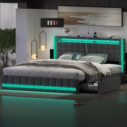 Upholstered Queen Size Bed Frame with 4Storage Drawer,RGB LED Light,Charging Station,Adjustable Headboard,Slats Support,No Box Spring Needed,Dark