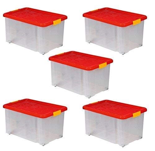 Artecsis 5 x Storage boxes with lid, 60 x 40 x 30 cm, plastic, with wheels, stackable, capacity 55 litres