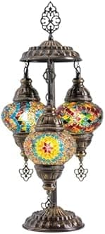 mozaist Tiffany Style Turkish Stained Glass Table Lamp, 3 Globe Mosaic Moroccan Desk Light, Bohemian Vintage Bedroom Nightstand, Antique Handmade Rustic Decor Colorful Lighting (Cappadocia Balloon)