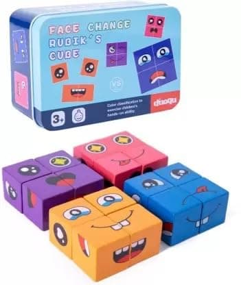 Qwick Click Little Mind Wooden Face Expressions Changing Magic 16 Building Blocks,72 Challenge Cards (Multicolor)