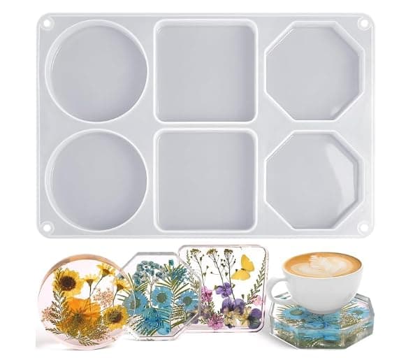 6-Cavity Deep Coaster Silicone Molds for Epoxy Resin - Round, Square, and Hexagonal Coaster Molds for Resin Casting - DIY Coasters Resin Crafts - Home Decoration - 20mm Depth - Pack of 1