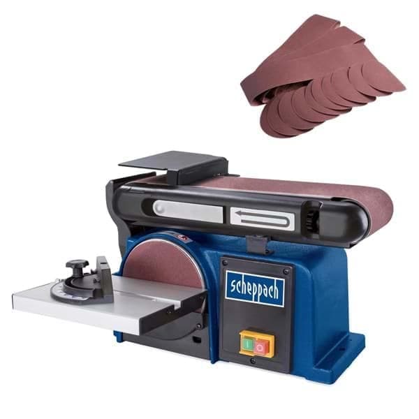 Scheppach Belt and Disc Sander with 1 x 100mm Sanding Belt, 1 x 150mm Hook & Loop Sanding Disc, Mitre Guide & Side Table