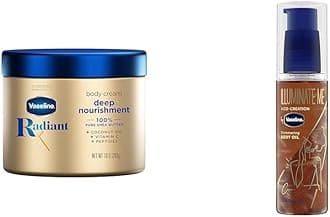 Vaseline Radiant X Deep Nourishment Body Cream 100% Pure Shea Butter, Coconut Oil, Vitamin C, & Peptides 10 oz & Illuminate Me Shimmering Body Oil Created for Melanin Rich Skin, Illuminates Skin
