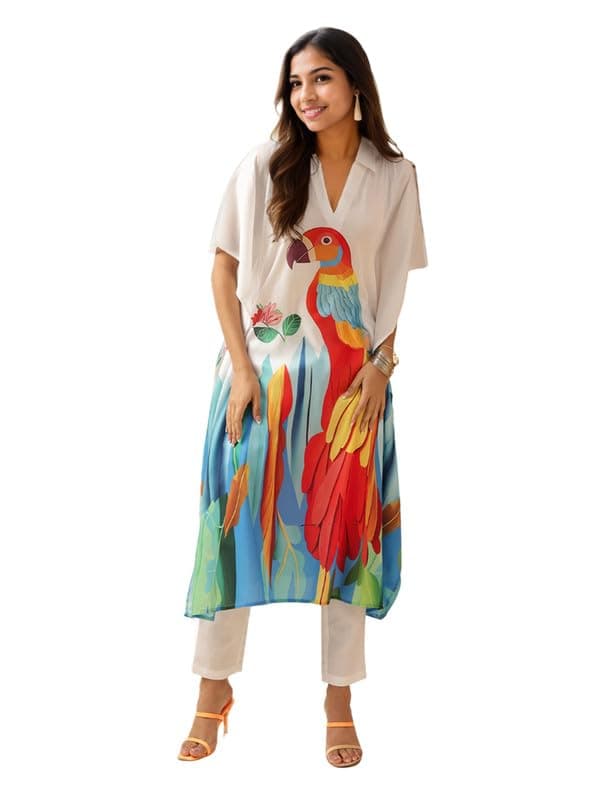 V4MWomen's White Printed Regular Cotton Blend Kurta Sets | Kaftan Set for Women