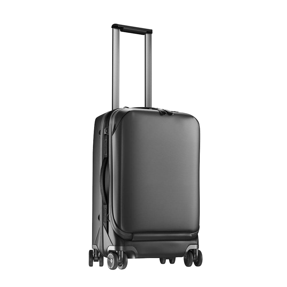 Roller Pro Carry-On, Black, Expandable Small Suitcase with Wheels, Carbon Fiber Handle, Drawbridge Opening, Hybrid Soft/Hard Shell, Custom Hardware, Fits XL Camera Cube or Packing Cubes