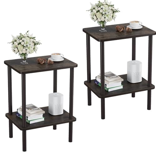 Apicizon 2 Tier End Table Set of 2, Small Side Table with Solid Wood Legs, Boho Bedside Table with Storage Shelf, Nightstand for Small Spaces, Bedroom, Living Room, Entryway, Rustic Oak