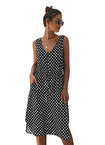 Eleter Women's Polka Dot V Neck Sleeveless Side Split Button Drawstring Belt Summer Beach Dress with Pockets