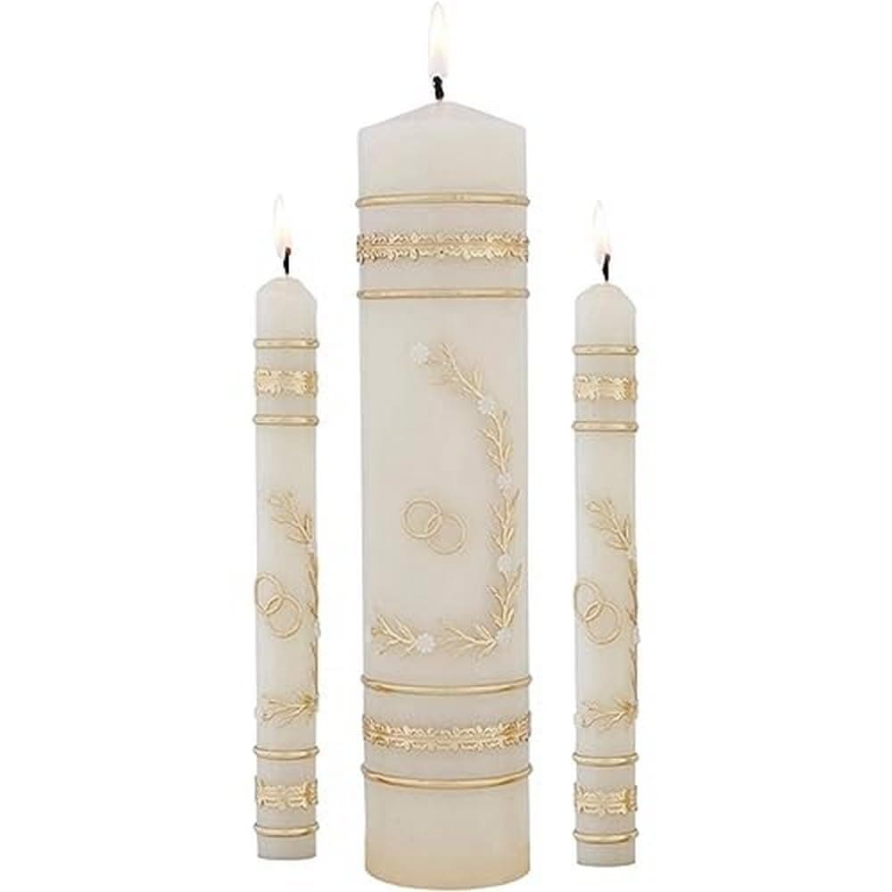 Will & Baumer Gold Toned Floral Candle Unity Set with Ring Design, Set of 3