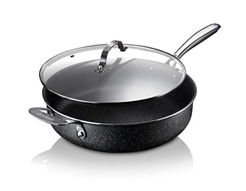 Granitestone Nonstick Sauté Pan with Lid – 5.5 Quart Multipurpose Jumbo Cooker Fry Pan with Glass Lid, Stay Cool Handle + Helper Handle, Oven, Stovetop and Dishwasher Safe, 100% PFOA Free, Black