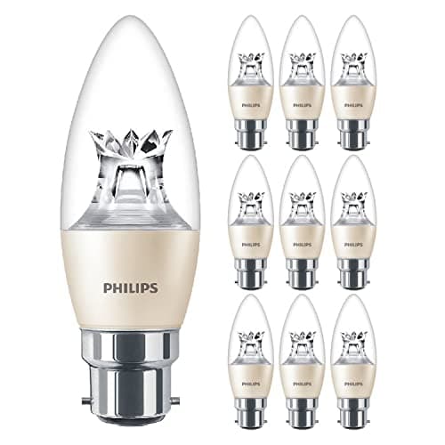 10 Pack Master LED Clear Candle B38 DimTone Lamp 5.5W (40W) B22 BC Large Bayonet Cap | 2200k to 2700k | 470 Lumen | 25000 Hours | Car Air Freshener Included | 80+ CRI
