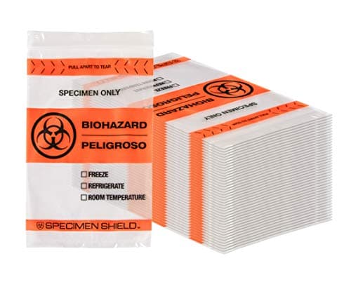 AMZ 3 Wall Absorbent Specimen Bags 6 x 9. Pack of 100 Biohazard Zipper Clear Bags 2 Mil. Printed Transport Bags for packaging medical specimens. Attached document pouch. Tear feature. Absorbent sheet.