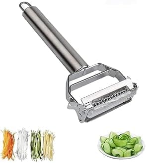 Stainless Steel 2 in 1 Julienne Vegetable Peeler Multi-Functional Fruit Vegetable Shredder Slicer Double Planing Cutter Potato Cucumber Carrot Melon Grater (Silver, 18 x 8.2 x 2.4 cm)