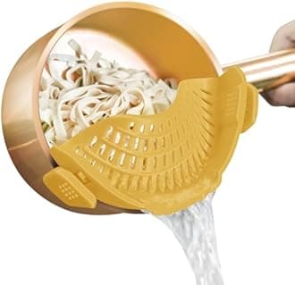AUOON Clip on Strainer - Silicone Pasta Strainer for Pots Pans and Bowls | Space-Saving Kitchen Essentials for Cooking and Draining | Dishwasher Safe (Misted Yellow)