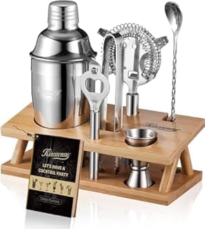 KITESSENSU 6-teiliges Bar-Set Cocktail-Shaker-Set – Mixologie-Barkeeper-Set mit Ständer – Silber-Bar-Kit zum Mischen von Getränken – Barwerkzeuge: Martini-Shaker, Messbecher, Sieb, Zange, Öffner