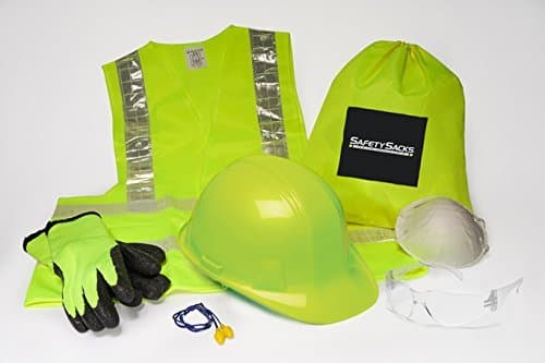 Safety Sacks All-in-One Construction Safety Kit, Hard Hat, High-Visibility, Vest, Work Gloves, Safety Glasses, Ear Protection, Breathing Mask