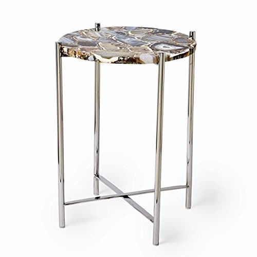 Tozai Black/Natural Agate Round Side Table with Nickel-Plated Base