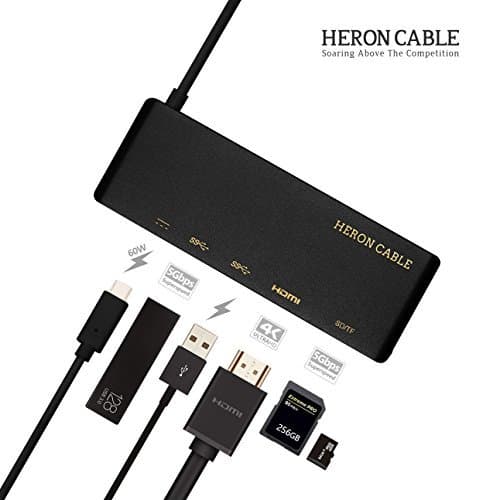 USB C Hub, Heron Cable USB-C 3.1 (Thunderbolt 3) Multiport Aluminum Adapter with Type C 60W Power Delivery, HDMI 4K@30Hz, 2x USB 3.0, Card Reader for MacBook Pro and more Windows USB C Devices (Black)