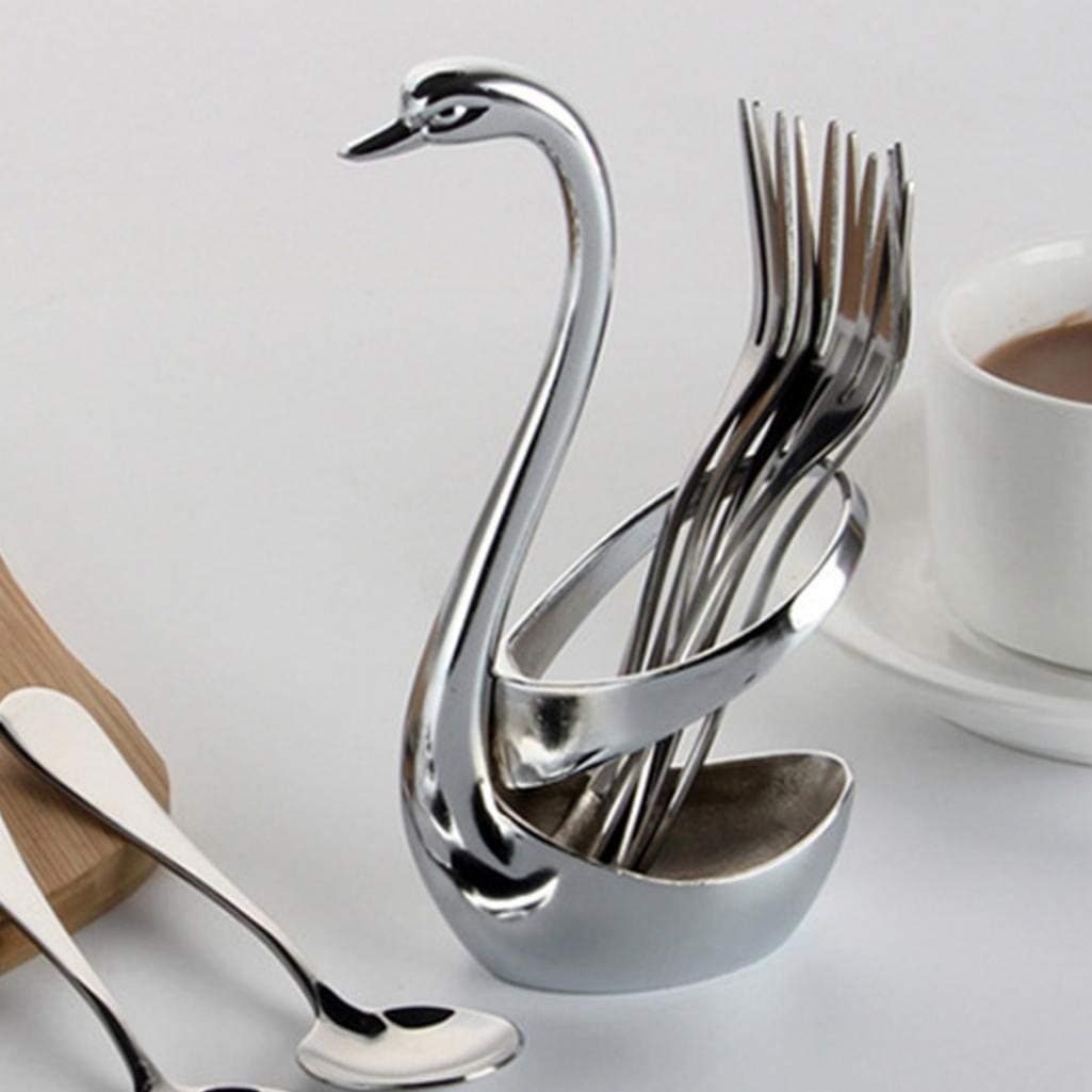 Fork Spoon Holder Swan Base Zinc Alloy Flatware Organizer Creative Spoon Set for Coffee Bar,Kitchen,Dining,Entertaining,Buffet,Picnic Silver