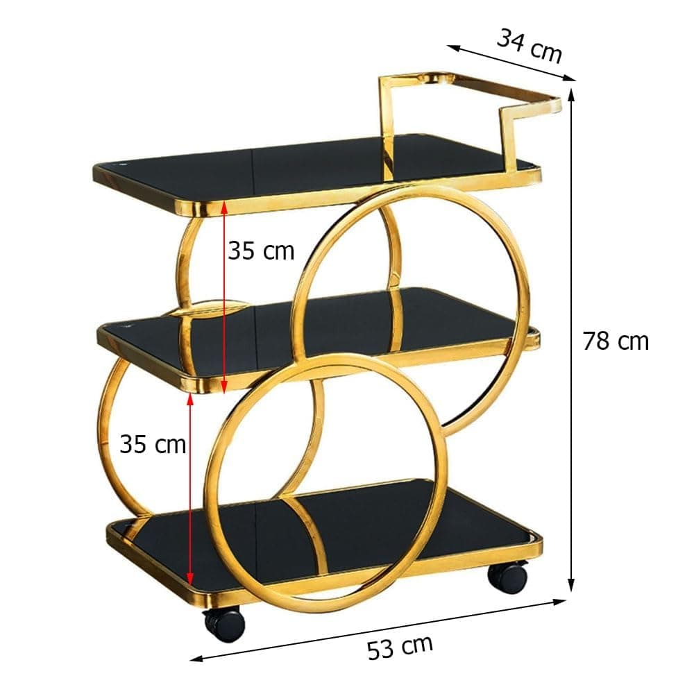 End Table Bar Trolley 3-Tier Metal Serving Trolley with Gold Elegant Home and Restaurant Mobile Cart for Effortless Food Serving Coffee Table for Living Room (Golden Black)