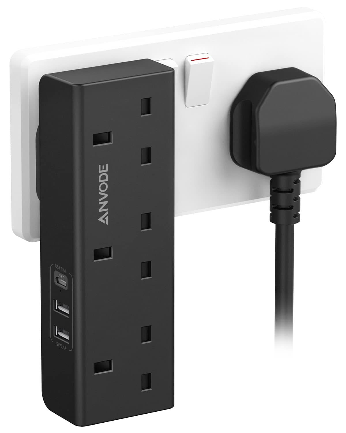 3 Way Plug Adapter with USB, Multi Plug Sockets Adaptor with 3 USB (1 Type C), 13A UK 3 Pin Wall Power Extender for Home, Office, Kitchen (Black)
