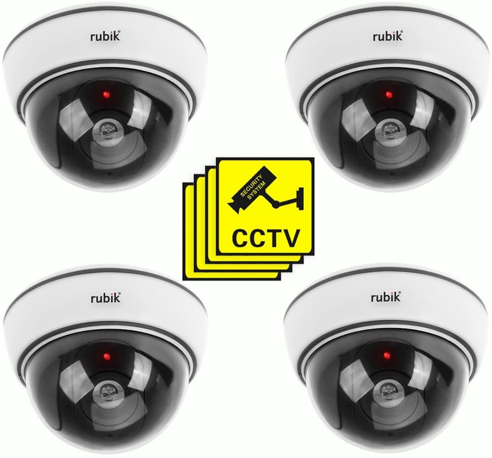 Rubik 4pc Dummy CCTV Camera with Flashing LED Light and CCTV Sticker Sign, Fake Surveillance Camera Security Indoor Dome Camera with LED Light