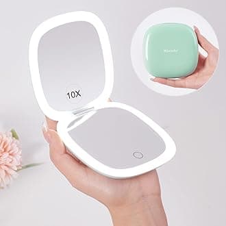 Mocado Compact LED Magnifying Travel Makeup-Mirror - 4 inches 1X/10X Magnification Small Hand Pocket Dimmable Double Sided USB Rechargeable Touch Screen, Portable Tabletop Cosmetic (Powdery Green)