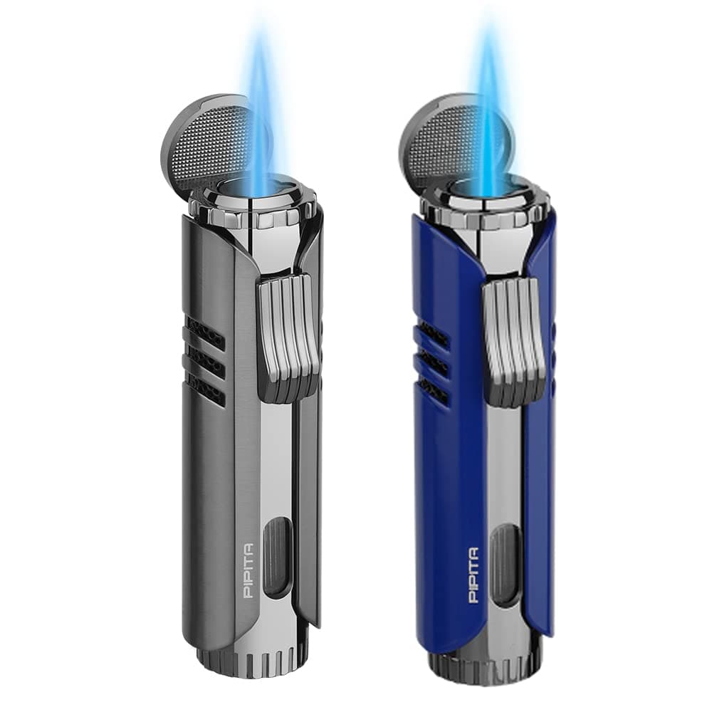 PIPITA 2 Pack Torch Lighter Windproof Butane Jet Lighter, Adjustable Single Flame Refillbale Fuel Butane Lighter (Butane Not Included) (Black+Blue)
