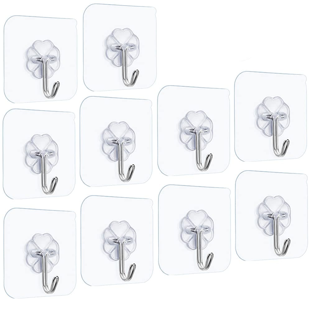 Self Adhesive Hooks Strong Stick on Hooks Sticky Hooks for Hanging Max 6.8kg/15lbs Transparent Nail Free Hooks Reusable Ceiling Hanger Waterproof and Oilproof -10 Pack