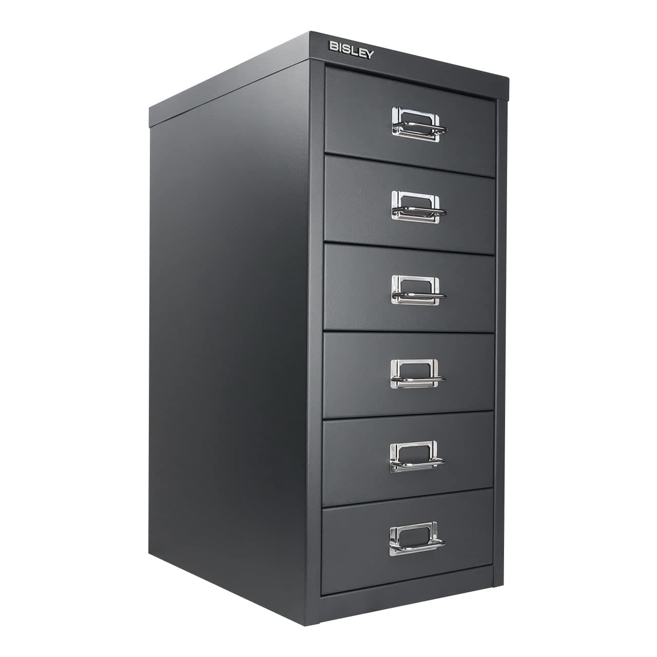 Bisley 6-Drawer Steel MultiDrawer Cabinet - Anthracite Grey, Chrome Pull Handles with Label Holders, Powder-Coated Steel, Removable Drawers, Fits Under Most Desks, Labels Included
