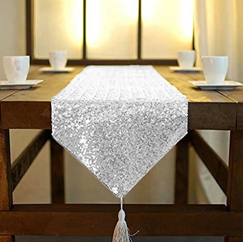 12 by 108 in Wedding Silver Sequin Table Runner with Tassel Party Supplies Silver Sequin Table Runner 108 Inches Long Fall Dining Table Runner