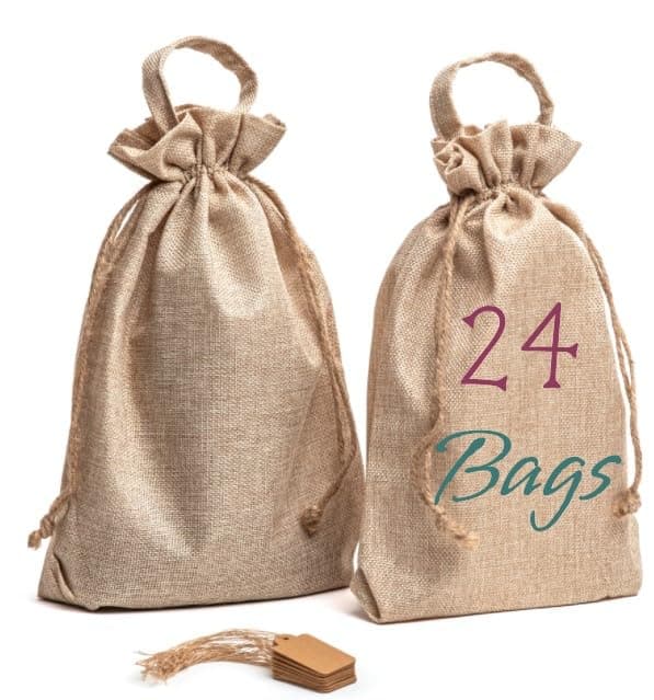 24 pk - Burlap Bags with Drawstring & Labels - Multi-Use 10" x 13" x 2" Jute Bags with Handles for Wedding, Party Favors, Diy Craft, Grocery, Household, Kitchen Storage - Rustic Burlap Gift Bags