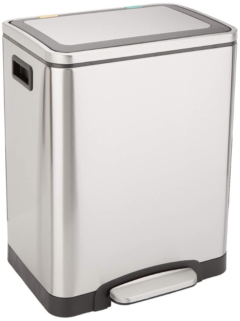 Amazon Basics 30L Dual Bin Soft-Close Rectangular Trash can with Foot Pedal - 2 x 15 litre Bins, Stainless Steel, for 1 or 2 people use