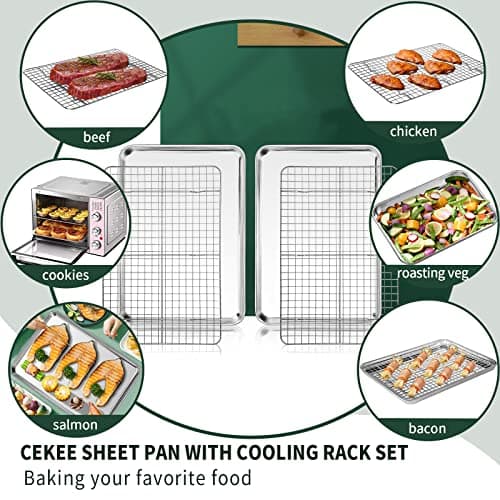 CEKEE Stainless Steel Baking Sheet Tray with Wire Rack Set, 2 Baking Pans + 2 Baking Racks, 16*12*1Inch, Nonstick, Rust Proof, Dishwasher Safe