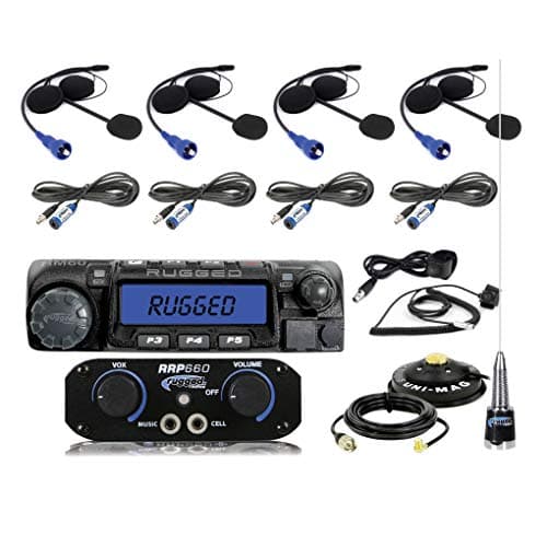 Rugged Radios RRP660 Intercom and RM60 60 Watt VHF Two Way Mobile Radio 4 Place Race System Kit with Helmet Kits, Push to Talk Cables, Intercom Cables, Antenna and Antenna Mount