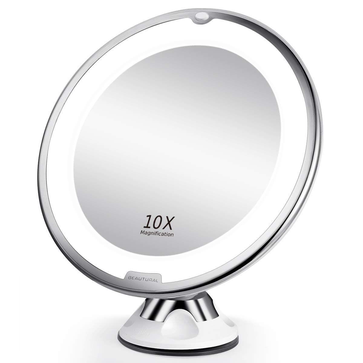 Updated 2022 Version 10X Magnifying Makeup Vanity Mirror with Lights, LED Lighted Portable Hand Cosmetic Magnification Light up Mirrors for Home Tabletop Bathroom Shower and Travel
