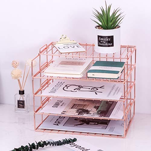 Hosaken Paper Tray, 4 Tier Stackable Letter Tray, Decorative Desk File Organizer Rack for Office Supplies and Accessories, Letter Size, 0.16Inch Thick Frame (Rose Gold)
