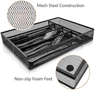 E-far Silverware Drawer Organizer, Mesh Wire Utensil Tray Drawer Organizer for Kitchen, Black Narrow Metal Flatware Cutlery Holder/Divider, 5 Compartment & Small Size - 12.5 x 9.25-Inch