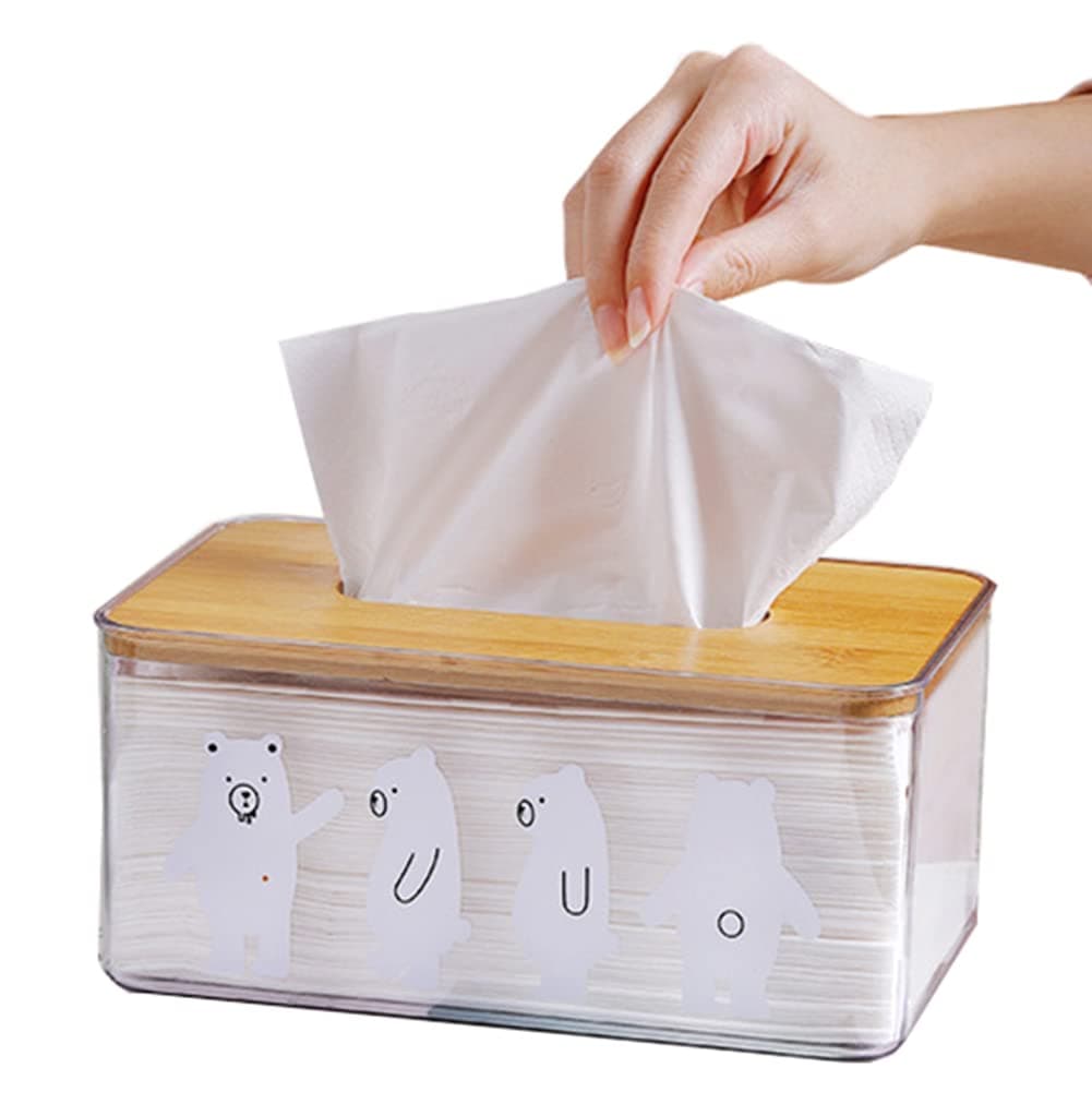 E-Qianw Tissue Holder, Clear Acrylic Tissue Box Storage with Bamboo Wood Lid, Cute Bear Print for Bathroom, Bedroom, Living Room