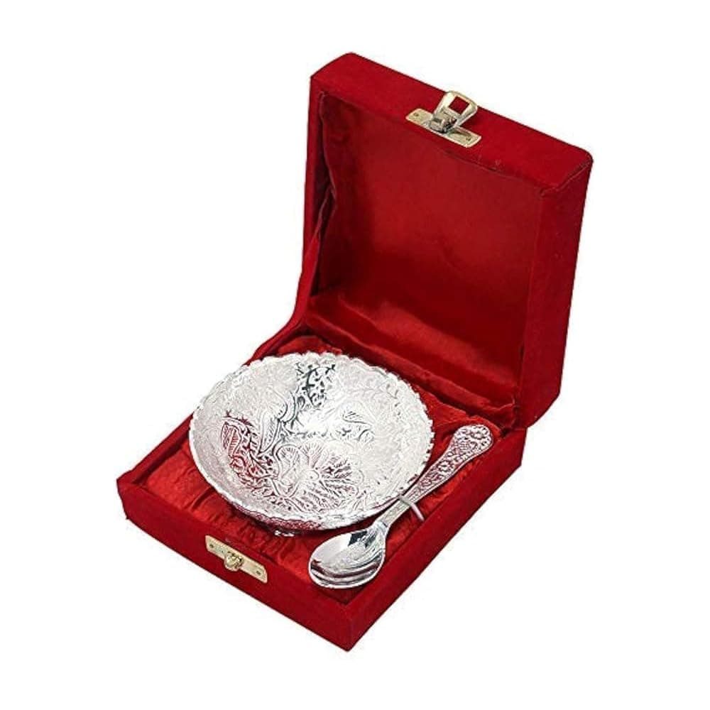Rastogi Handicrafts Silver Plated Small Bowl Set with Spoon Size - 9 * 9 * 3 cm Capacity -100 ml /3.38 OZ