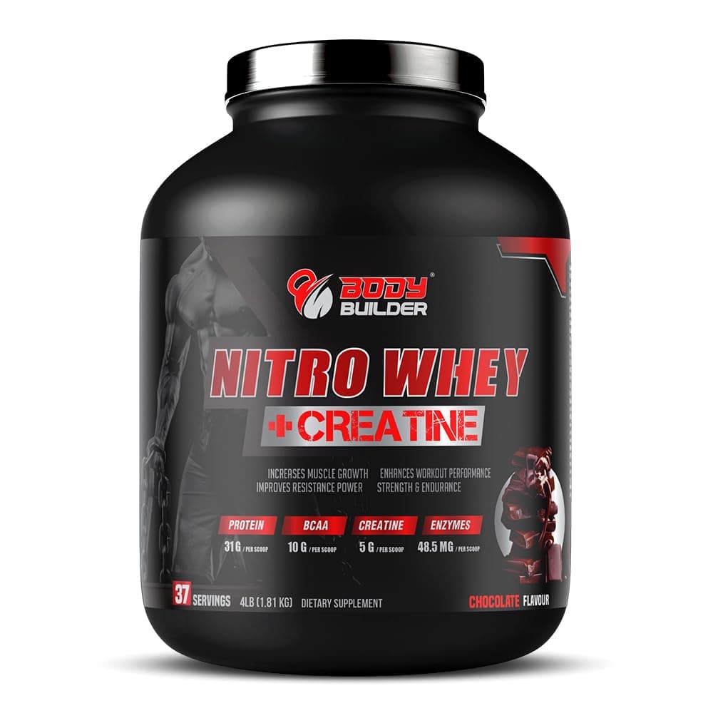 Body Builder Nitro Whey + Creatine - 31g Whey Protein, 5g Creatine, 10g BCAA, and Digestive Enzymes for Lean Gains, Energy Boost, and Fast Recovery (Chocolate, 4 LB)