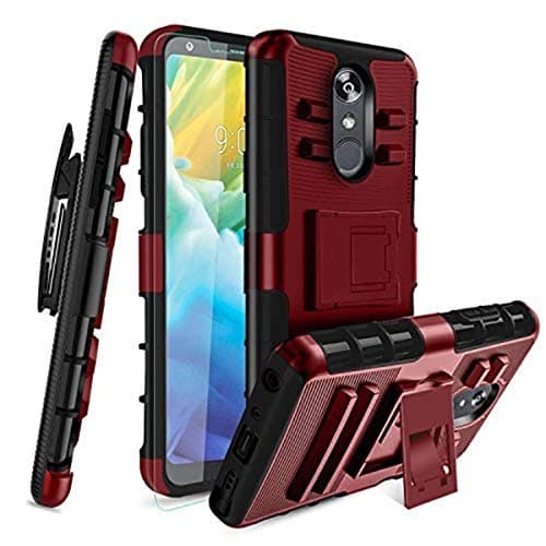LG Stylo 4 Case, Stylo 4 Plus Case W/[Tempered Glass Screen Protector] Built-in Kickstand Full-Body Shockproof PC Back &Soft TPU Inner Armor Swivel Belt Clip Holster Heavy Duty Protective Case,PC-Red
