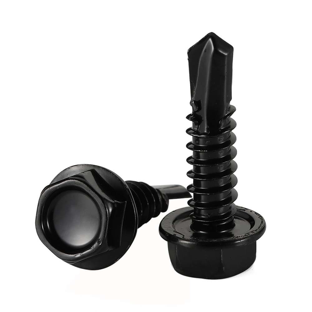 #14 x 1" (3/4" to 4" Available) Hex Washer Head Self Drilling Sheet Metal Tek Screws with Drill Point, Stainless Steel 410, Black Oxide, 50 PCS