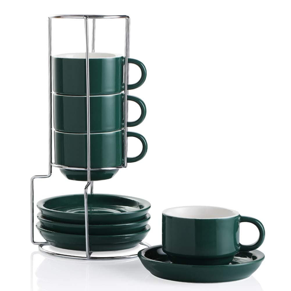 Sweejar Porcelain Espresso Cups with Saucers, 4 Ounce Stackable Cappuccino Cups with Metal Stand for Coffee Drinks, Latte, Tea - Set of 4 (Jade)