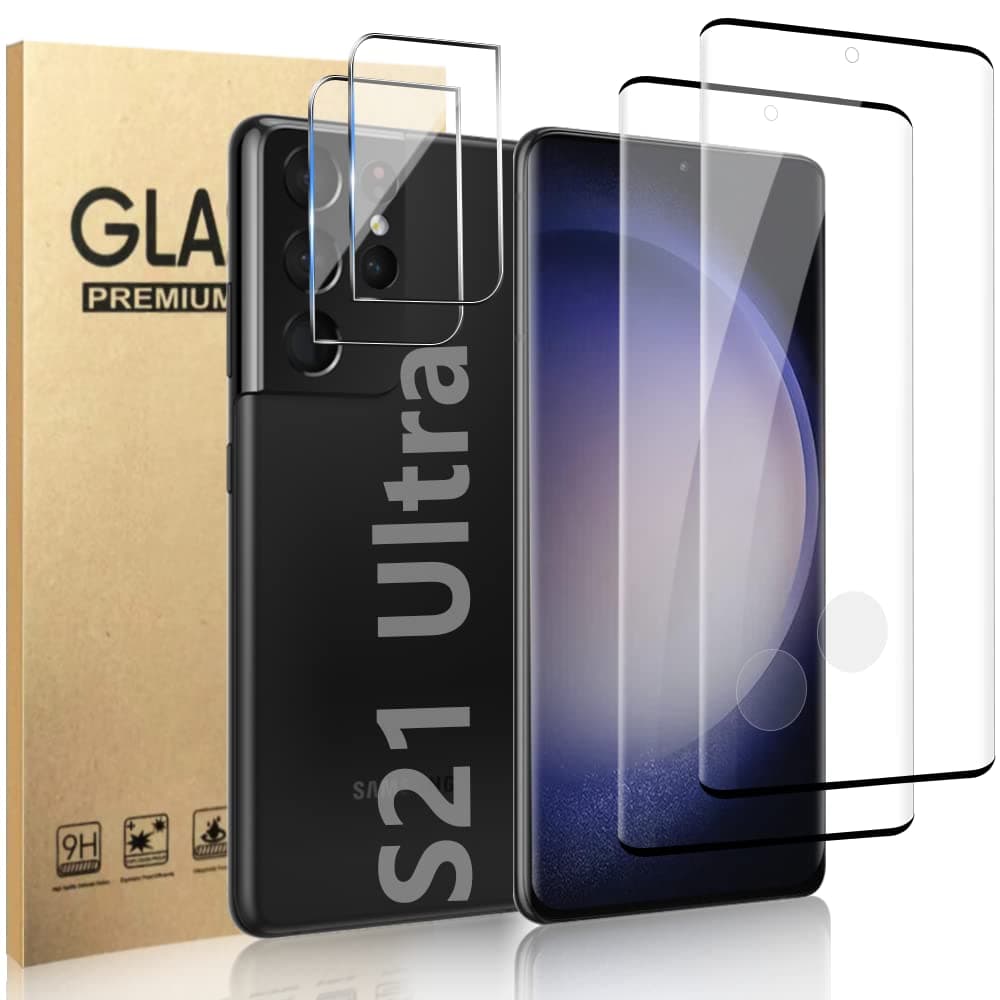 [2+2Pack] Galaxy S21 Ultra 5G Screen Protector Tempered Glass + Camera Lens Protector [9H Hardness][Compatible Fingerprint] 3D Curved HD Clear Glass Film For Samsung Galaxy S21 Ultra (6.8 Inch)