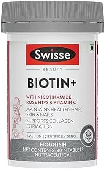 Swisse Biotin+ New Improved Formula with 100% RDA of Biotin (Manufactured In Australia) Boosts Keratin Levels, Reduce Hair Loss and Promote Regrowth with Nicotinamide, Rose Hips & Vitamin C For Healthy Hair, Skin & Nails For Both Men & Women (30 Tablets)
