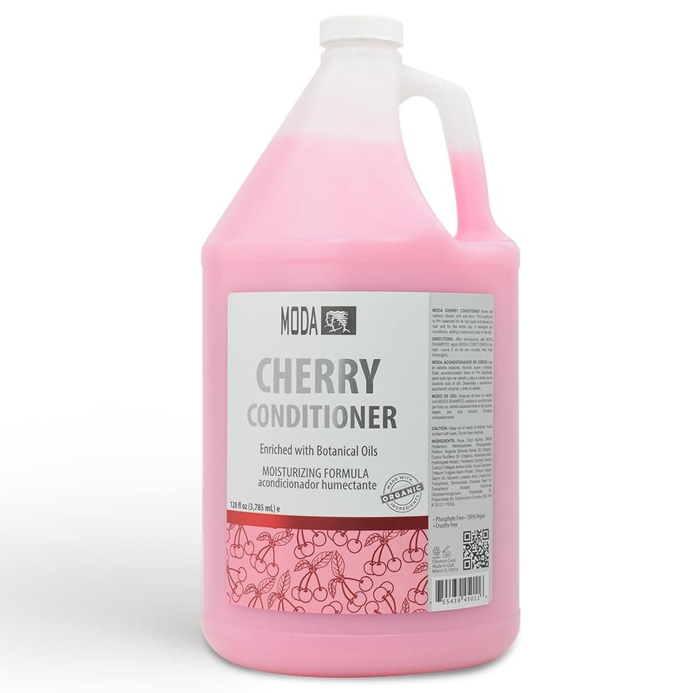 MODA Cherry Bulk Salon Conditioner Premium Back-Bar & Amenity Treatment Salon-Grade Luxury at Commercial Scale A 'set it and forget it' 1-Gallon single-SKU solution Repairs the cuticle 128 Oz